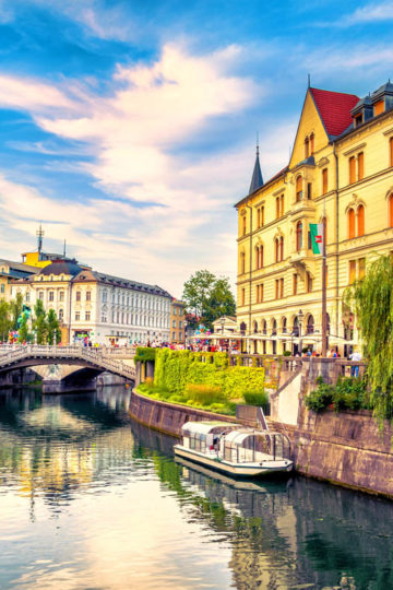 Cityscape view on Ljubljanica river canal