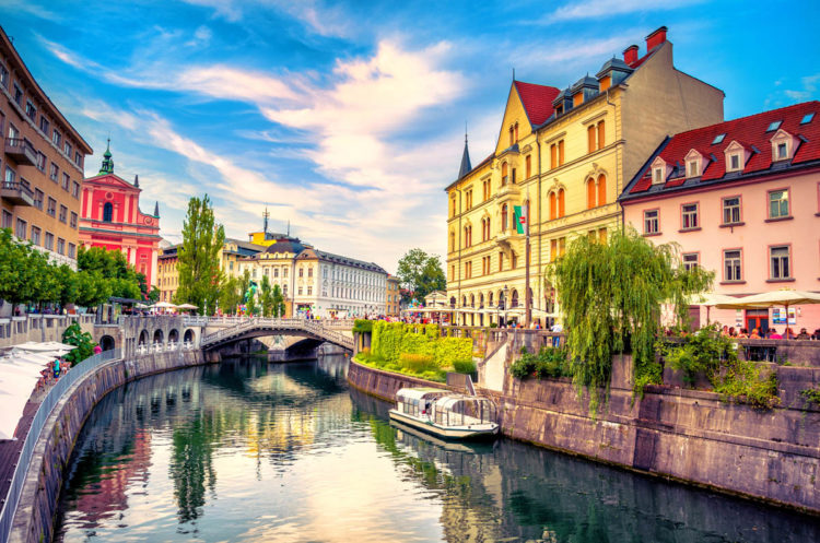 Cityscape view on Ljubljanica river canal