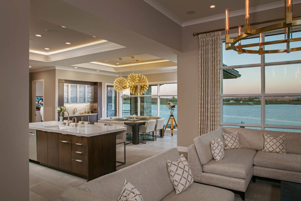 home living space with a lake view